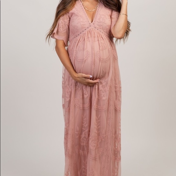 PinkBlush Lace Mesh Plus Maternity Maxi Dress 1X - Picture 11 of 13